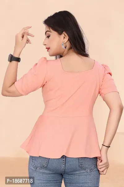 Casual Lycra Blend V-neck Puff Half Sleeves Solid Peach Color Regular Western Wear Crop Top for Womenrsquo;s And Girls-thumb2