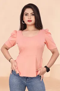 Casual Lycra Blend V-neck Puff Half Sleeves Solid Peach Color Regular Western Wear Crop Top for Womenrsquo;s And Girls-thumb2