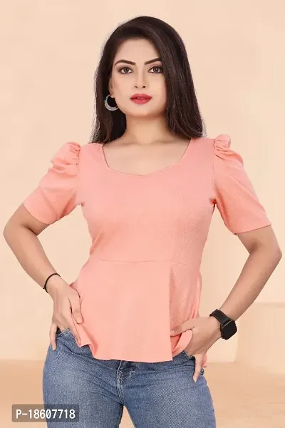 Casual Lycra Blend V-neck Puff Half Sleeves Solid Peach Color Regular Western Wear Crop Top for Womenrsquo;s And Girls-thumb3