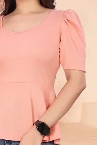 Casual Lycra Blend V-neck Puff Half Sleeves Solid Peach Color Regular Western Wear Crop Top for Womenrsquo;s And Girls-thumb3