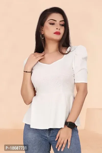 Casual Lycra Blend V-neck Puff Half Sleeves Solid White Color Regular Western Wear Crop Top for Womenrsquo;s And Girls-thumb0