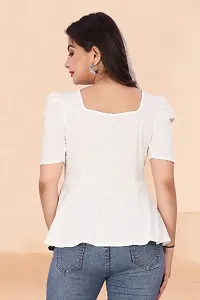 Casual Lycra Blend V-neck Puff Half Sleeves Solid White Color Regular Western Wear Crop Top for Womenrsquo;s And Girls-thumb1