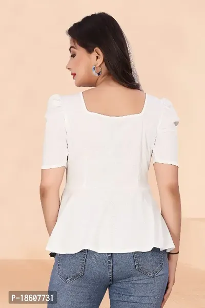 Casual Lycra Blend V-neck Puff Half Sleeves Solid White Color Regular Western Wear Crop Top for Womenrsquo;s And Girls-thumb2