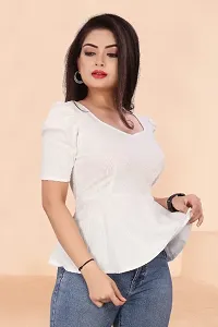 Casual Lycra Blend V-neck Puff Half Sleeves Solid White Color Regular Western Wear Crop Top for Womenrsquo;s And Girls-thumb2