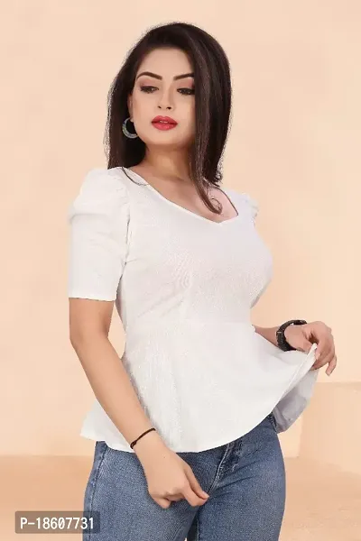 Casual Lycra Blend V-neck Puff Half Sleeves Solid White Color Regular Western Wear Crop Top for Womenrsquo;s And Girls-thumb3