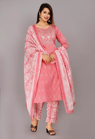 Stylish Cotton Printed Kurta Bottom Dupatta Set