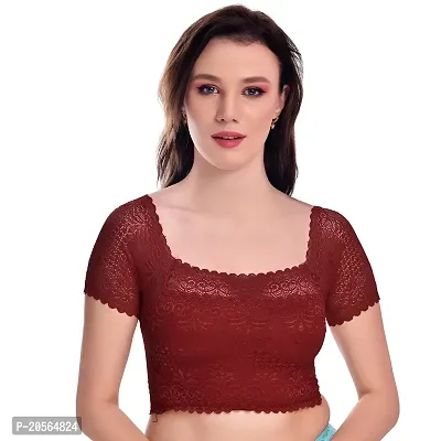 Women?s Padded, Non Wired Full Coverage Net Blouse Bra with Floral Design and Stretchable Cotton Blend Lining (34, Maroon)