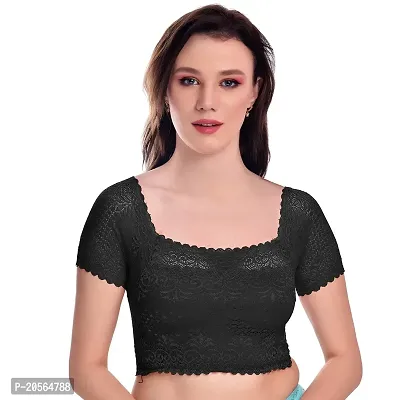 Women?s Padded, Non Wired Full Coverage Net Blouse Bra with Floral Design and Stretchable Cotton Blend Lining (32, Black)-thumb0