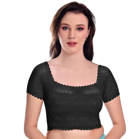 Women?s Padded, Non Wired Full Coverage Net Blouse Bra with Floral Design and Stretchable Cotton Blend Lining