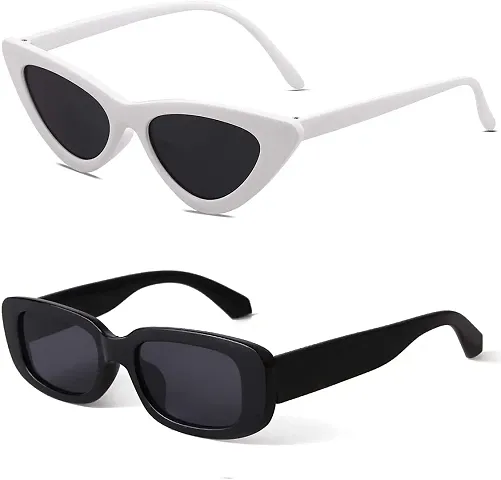Combo of Retro Vintage Narrow Cat Eye Sunglasses and Vintage Narrow Rectangular Sunglass for Women (Pack of 2, Black, White) (Black Rectangular, White Cat Eye)