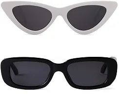 Combo of Retro Vintage Narrow Cat Eye Sunglasses and Vintage Narrow Rectangular Sunglass for Women (Pack of 2, Black, White) (Black Rectangular, White Cat Eye)-thumb1