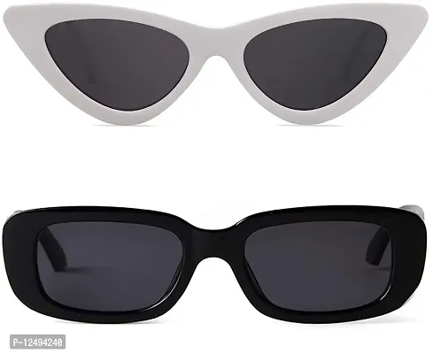 Combo of Retro Vintage Narrow Cat Eye Sunglasses and Vintage Narrow Rectangular Sunglass for Women (Pack of 2, Black, White) (Black Rectangular, White Cat Eye)-thumb2