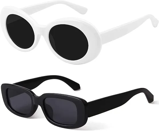 Combo of Clout Goggles Oval Mod Retro Vintage Kurt Cobain Inspired Sunglasses and Rectanglular Sunglasses for Women Retro Driving Sunlgasses Vintage Fashion(Pack of 2, Black, White) (Black Rectangular, White Oval)