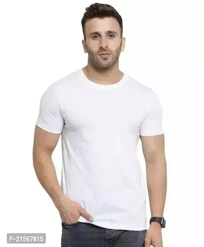 Stylish White Cotton Blend Solid Round Neck Tees For Men-thumb0