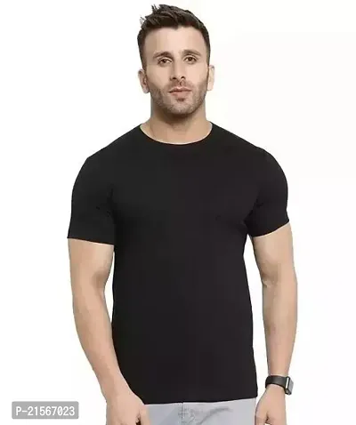 Stylish Black Cotton Blend Solid Round Neck Tees For Men-thumb0