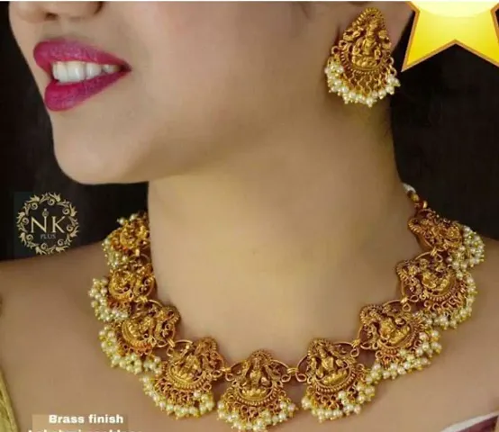 Trendy Gold Plated Matte Finish Alloy Temple Bridal Jewellery Set