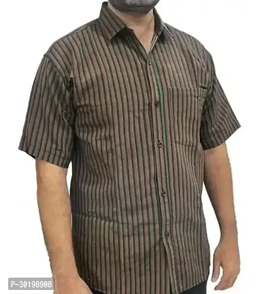 Stylish Brown Khadi Cotton Short Sleeves Striped Regular Shirt For Men-thumb0