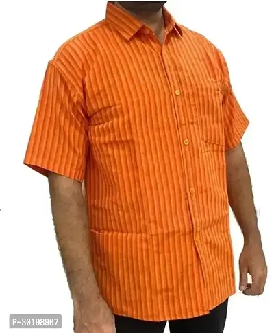 Stylish Orange Khadi Cotton Short Sleeves Striped Regular Shirt For Men-thumb0