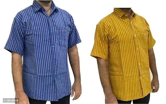 Stylish Multicoloured Khadi Cotton Short Sleeves Striped Regular Shirt For Men Pack Of 2-thumb0