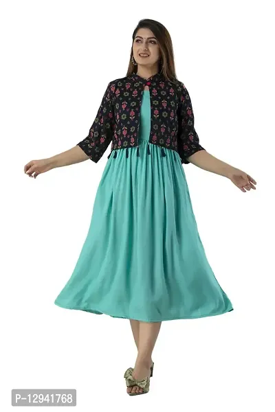 Women Stitched SEA Green Rayon Anarkali Kurti with Printed Jacket-thumb0