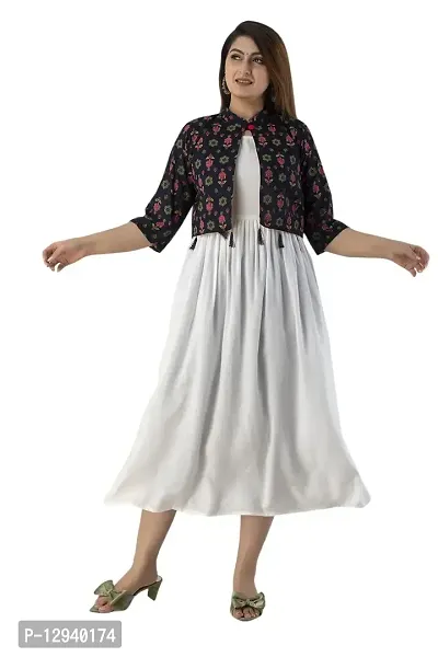 Women Stitched White Rayon Anarkali Kurti with Printed Jacket-thumb0