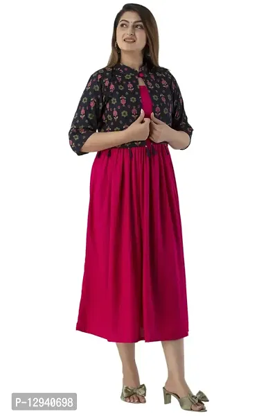 Women Stitched Rani Pink Rayon Anarkali Kurti with Printed Jacket-thumb3