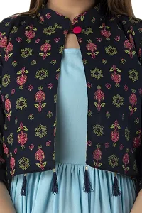 Women Stitched Sky Blue Rayon Anarkali Kurti with Printed Jacket-thumb2