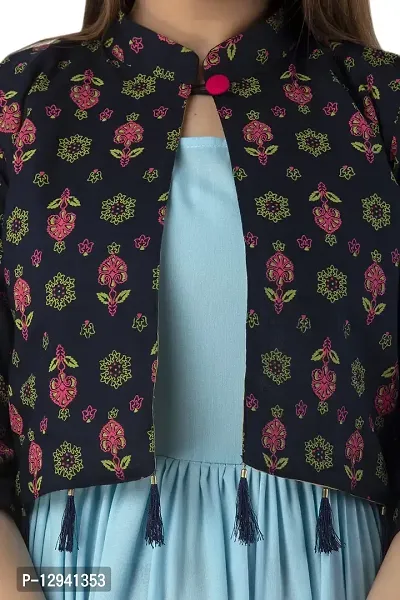 Women Stitched Sky Blue Rayon Anarkali Kurti with Printed Jacket-thumb3