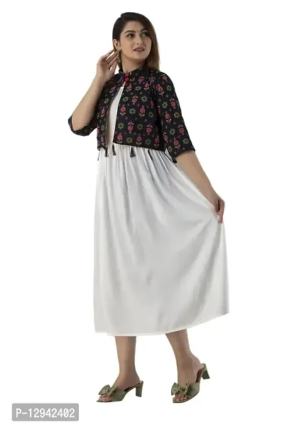 Women Stitched White Rayon Anarkali Kurti with Printed Jacket-thumb5