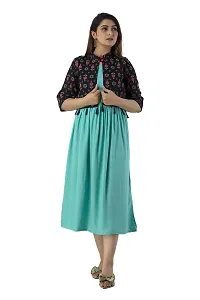 Women Stitched SEA Green Rayon Anarkali Kurti with Printed Jacket-thumb2