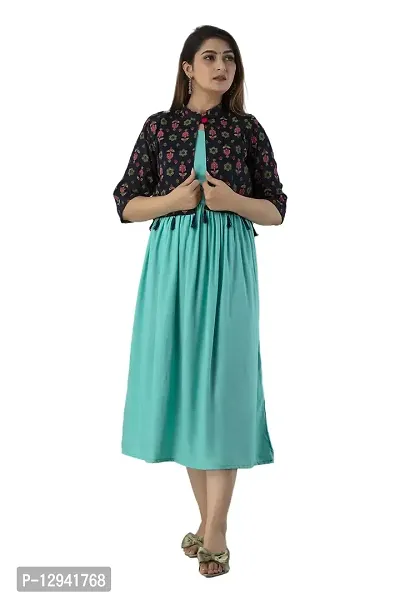 Women Stitched SEA Green Rayon Anarkali Kurti with Printed Jacket-thumb3