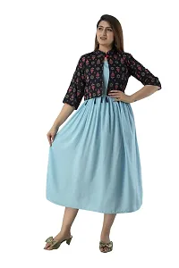 Women Stitched Sky Blue Rayon Anarkali Kurti with Printed Jacket-thumb1