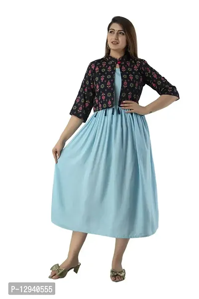 Women Stitched Sky Blue Rayon Anarkali Kurti with Printed Jacket-thumb4