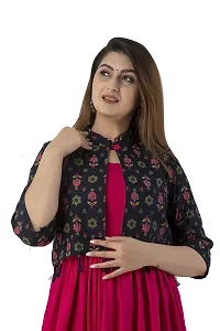 Women Stitched Rani Pink Rayon Anarkali Kurti with Printed Jacket-thumb4