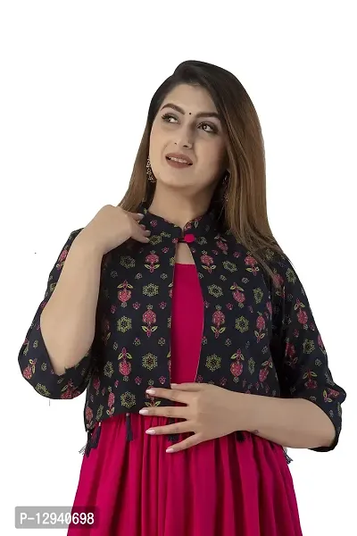 Women Stitched Rani Pink Rayon Anarkali Kurti with Printed Jacket-thumb5