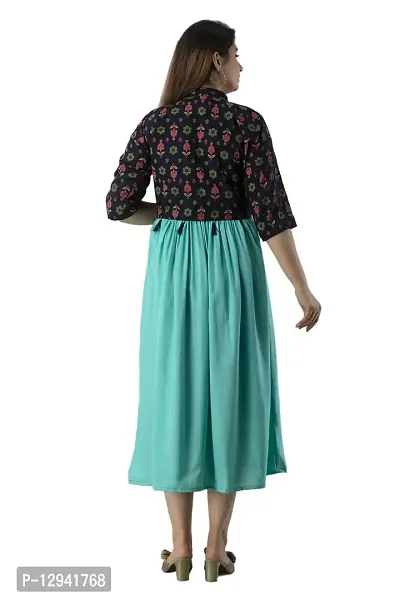 Women Stitched SEA Green Rayon Anarkali Kurti with Printed Jacket-thumb2