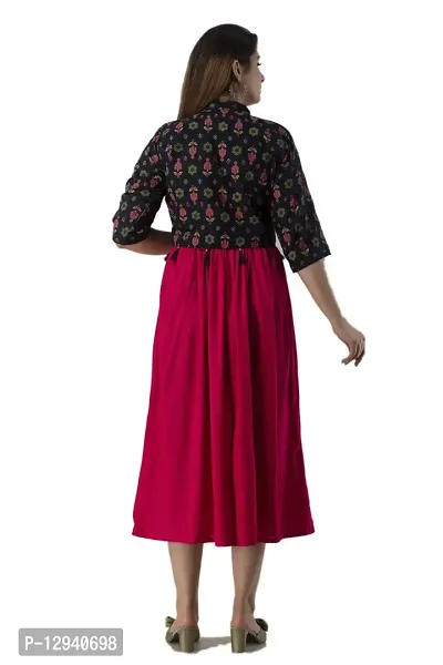 Women Stitched Rani Pink Rayon Anarkali Kurti with Printed Jacket-thumb2