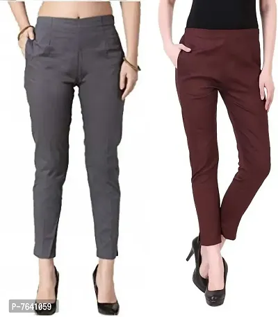 TNQ Women Cotton Stretchable Straight Trouser/Cotton Pants Combo Set of 2Pcs-thumb0