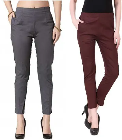 TNQ Women Cotton Stretchable Straight Trouser/Cotton Pants Combo Set of 2Pcs