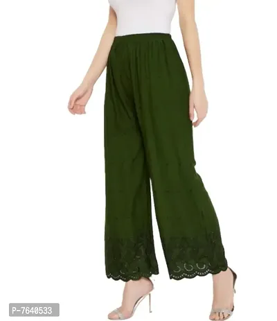 TNQ Women's Rayon Lucknow Chikan Art Work Embroidered Palazzos (FREE SIZE) (Bottle Green)-thumb3