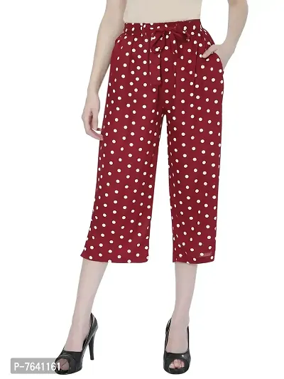 TNQ Women Rayon Dotted Capri Culottes || Polka Dotted Capri || Short Trouser || Belted Culottes (Free Size, Maroon)-thumb0