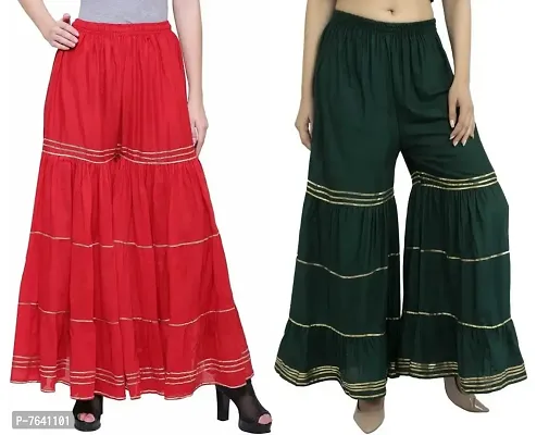TNQ Women's Mid Rise Garara/Sharara Palazzo Pants with Gota Work Combo Set of 2Pcs (Free Size, Red.Bottle Green)-thumb0