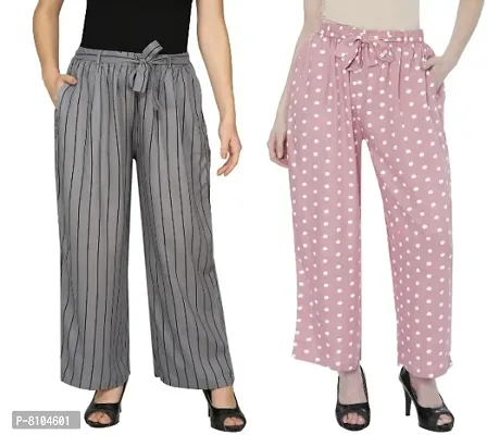 Women Rayon Printed Palazzo Pants || Striped and Dotted Belted Palazzo || Women Straight Trouser (Combo Set of 2 Pcs)-thumb0