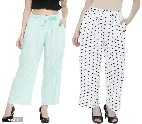 Women Rayon Printed Palazzo Pants || Striped and Dotted Belted Palazzo || Women Straight Trouser (Combo Set of 2 Pcs)-thumb0