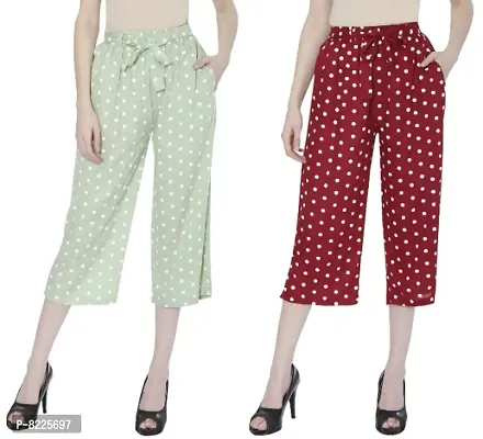 Women Rayon Dotted Capri Culottes || Short Trouser || Belted Culottes || Polka Dotted Capri (Combo Set of 2 pcs)-thumb0