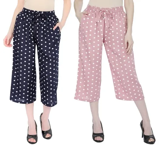 Women Rayon Dotted Capri Culottes || Short Trouser || Belted Culottes || Polka Dotted Capri (Combo Set of 2 pcs)