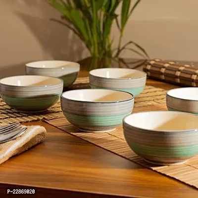 Lyallpur Stores Ceramic Bowl (Pack Of 6, Green And Grey Color) Line Design Embossed Halwa Serving Bowls For Gifting And Serving Biscuit, Namkeen, Snacks Etc. Medium Size, Kheer Serving Katori Bowl Set