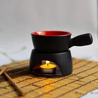 Ceramic Fondue Pot Set, Premium Tea Light Melting Pot For Cheese Chocolate And Tapas, Black And Red Color With 2 Tealight Candle-thumb1