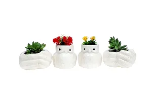 Best Quality Ceramic Pots for Plants Owl and Hand Shape - Small Size (White Color, 8 cm) Ceramic Planters for Indoor Plants, Living Room. [Plant Not Included, Pack of 4]-thumb1