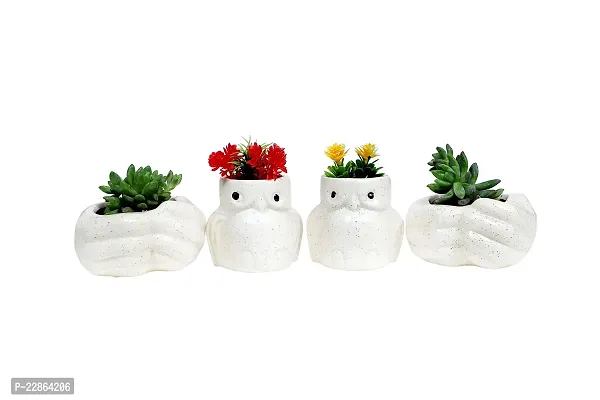 Best Quality Ceramic Pots for Plants Owl and Hand Shape - Small Size (White Color, 8 cm) Ceramic Planters for Indoor Plants, Living Room. [Plant Not Included, Pack of 4]-thumb2